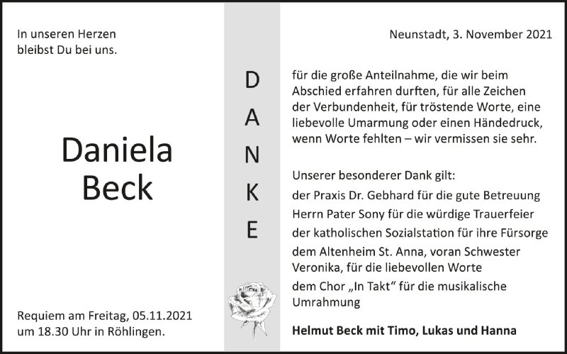  Traueranzeige für Daniela Beck vom 03.11.2021 aus Schwäbische Zeitung