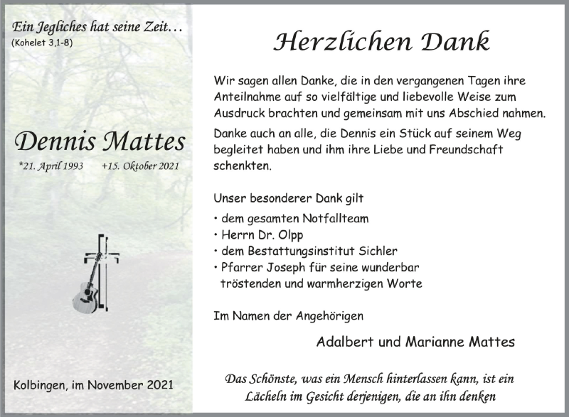 Traueranzeige für Dennis Mattes vom 13.11.2021 aus Schwäbische Zeitung