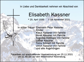 Anzeige von Elisabeth Kassner von Schwäbische Zeitung