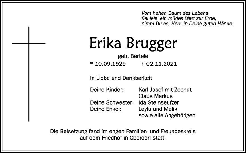  Traueranzeige für Erika Brugger vom 13.11.2021 aus Schwäbische Zeitung
