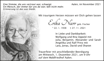 Anzeige von Erika Narr von Schwäbische Zeitung