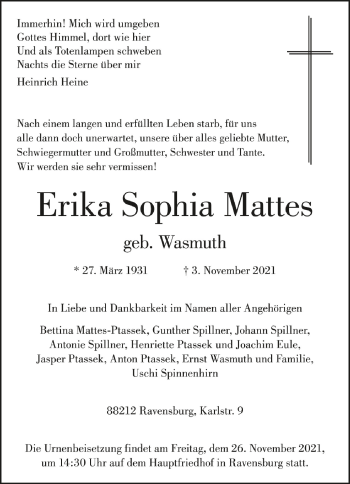 Anzeige von Erika Sophia Mattes von Schwäbische Zeitung