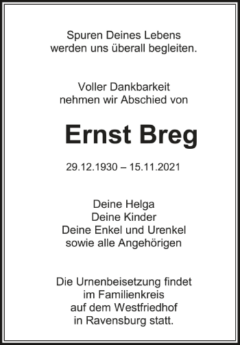 Anzeige von Ernst Breg von Schwäbische Zeitung