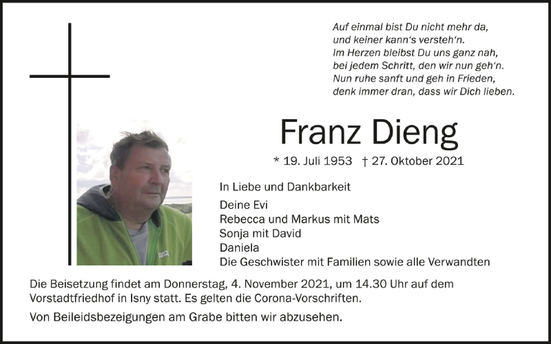 Traueranzeige für Franz Dieng vom 02.11.2021 aus Schwäbische Zeitung