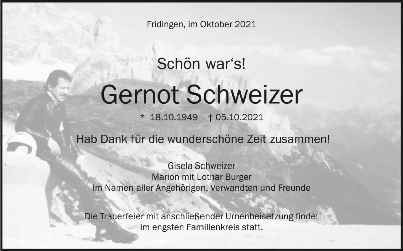  Traueranzeige für Gernot Schweizer vom 15.11.2021 aus Schwäbische Zeitung