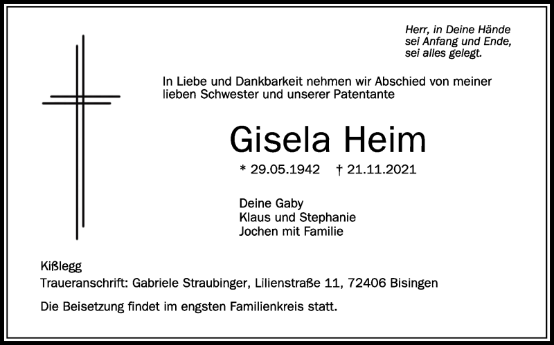  Traueranzeige für Gisela Heim vom 24.11.2021 aus Schwäbische Zeitung