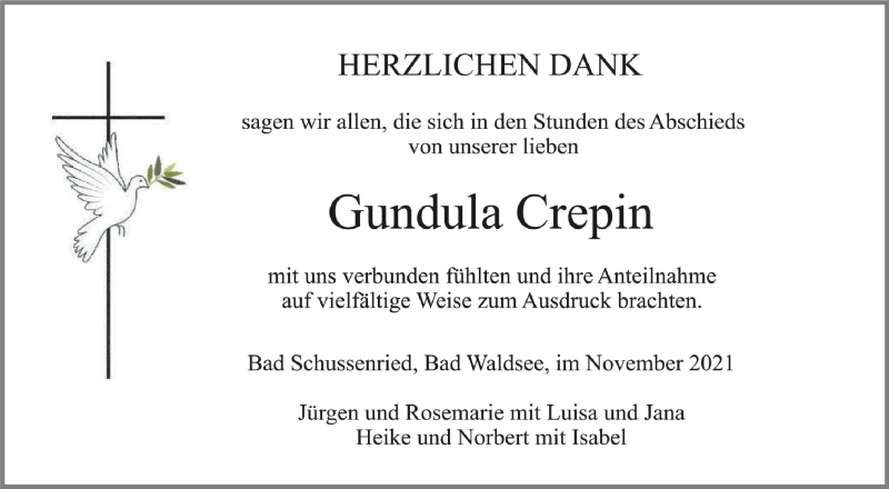  Traueranzeige für Gundula Crepin vom 05.11.2021 aus Schwäbische Zeitung