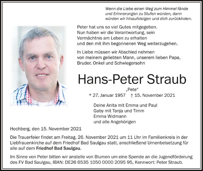 Traueranzeige für Hans-Peter Straub vom 23.11.2021 aus Schwäbische Zeitung
