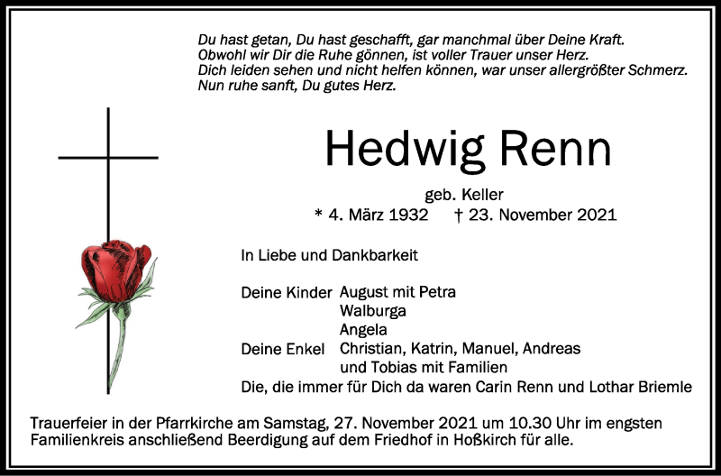  Traueranzeige für Hedwig Renn vom 26.11.2021 aus Schwäbische Zeitung
