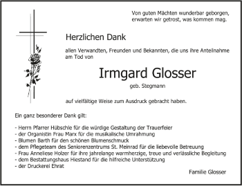 Anzeige von Irmgard Glosser von Schwäbische Zeitung