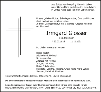 Anzeige von Irmgard Glosser von Schwäbische Zeitung