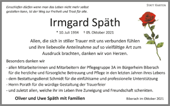 Anzeige von Irmgard Späth von Schwäbische Zeitung