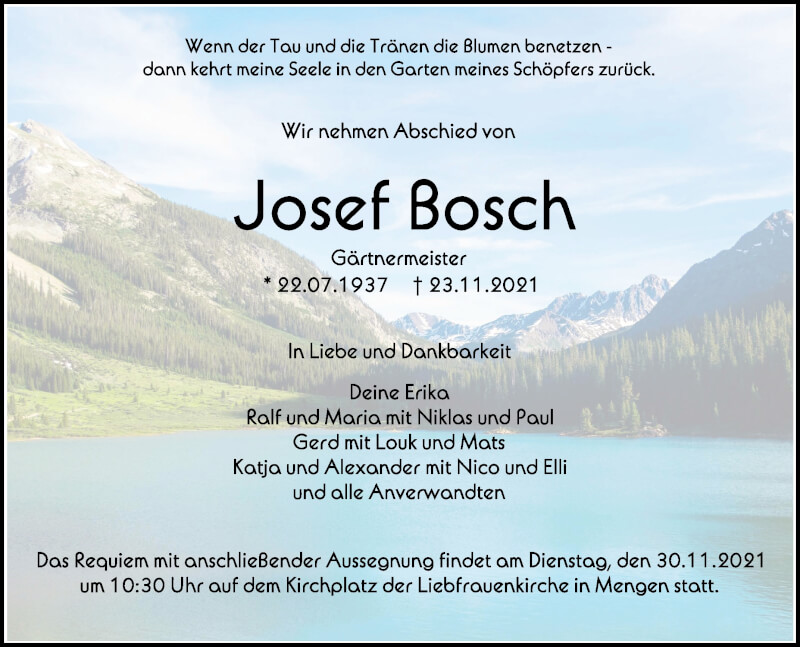  Traueranzeige für Josef Bosch vom 27.11.2021 aus Schwäbische Zeitung