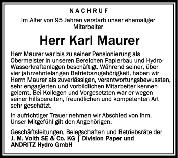 Anzeige von Karl Maurer von Schwäbische Zeitung