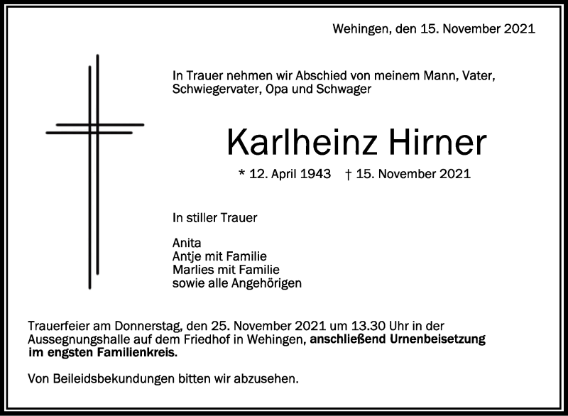 Traueranzeige für Karlheinz Hirner vom 23.11.2021 aus Schwäbische Zeitung