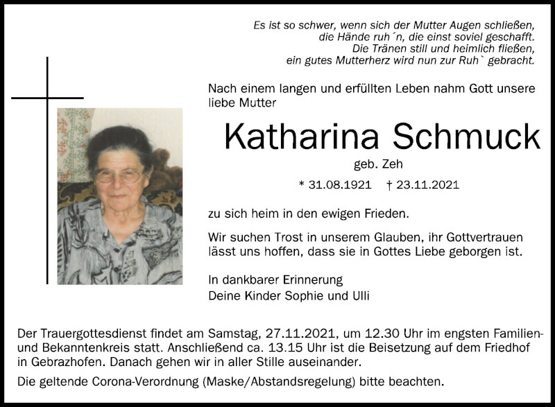  Traueranzeige für Katharina Schmuck vom 26.11.2021 aus Schwäbische Zeitung
