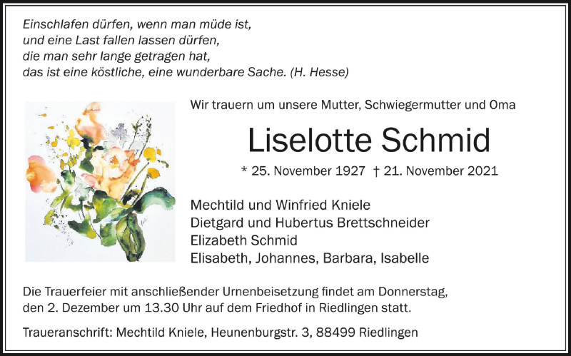  Traueranzeige für Liselotte Schmid vom 25.11.2021 aus Schwäbische Zeitung