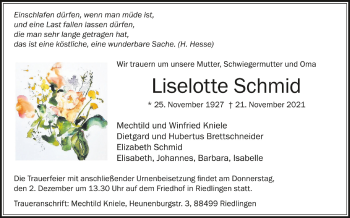 Anzeige von Liselotte Schmid von Schwäbische Zeitung