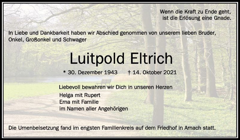  Traueranzeige für Luitpold Eltrich vom 06.11.2021 aus Schwäbische Zeitung