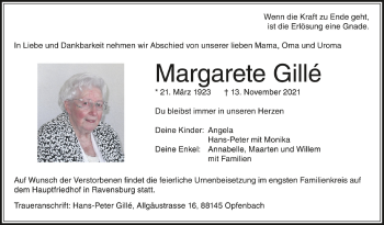 Anzeige von Margarete Gillé von Schwäbische Zeitung