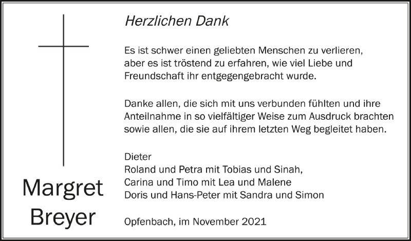  Traueranzeige für Margret Breyer vom 06.11.2021 aus Schwäbische Zeitung