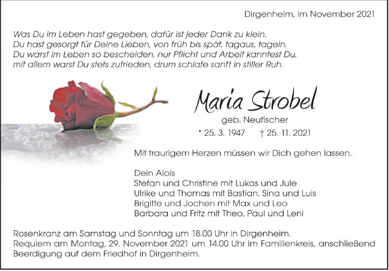  Traueranzeige für Maria Strobel vom 27.11.2021 aus Schwäbische Zeitung