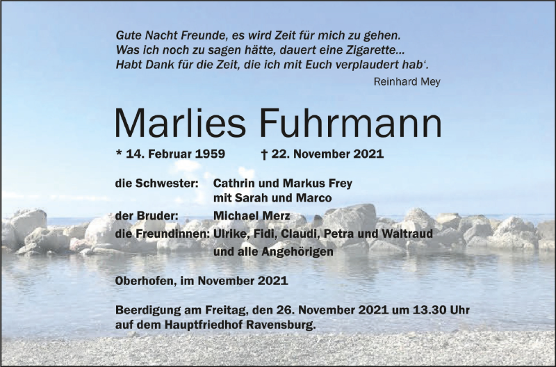  Traueranzeige für Marlies Fuhrmann vom 24.11.2021 aus Schwäbische Zeitung