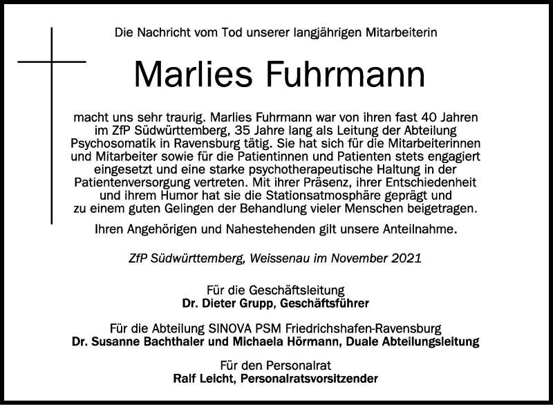  Traueranzeige für Marlies Fuhrmann vom 26.11.2021 aus Schwäbische Zeitung