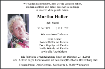 Anzeige von Martha Haller von Schwäbische Zeitung