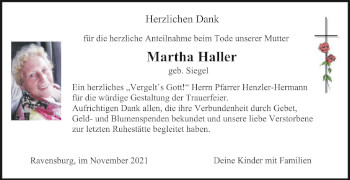 Anzeige von Martha Haller von Schwäbische Zeitung