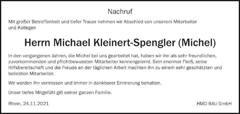  Traueranzeige für Michael Kleinert-Spengler vom 27.11.2021 aus Schwäbische Zeitung