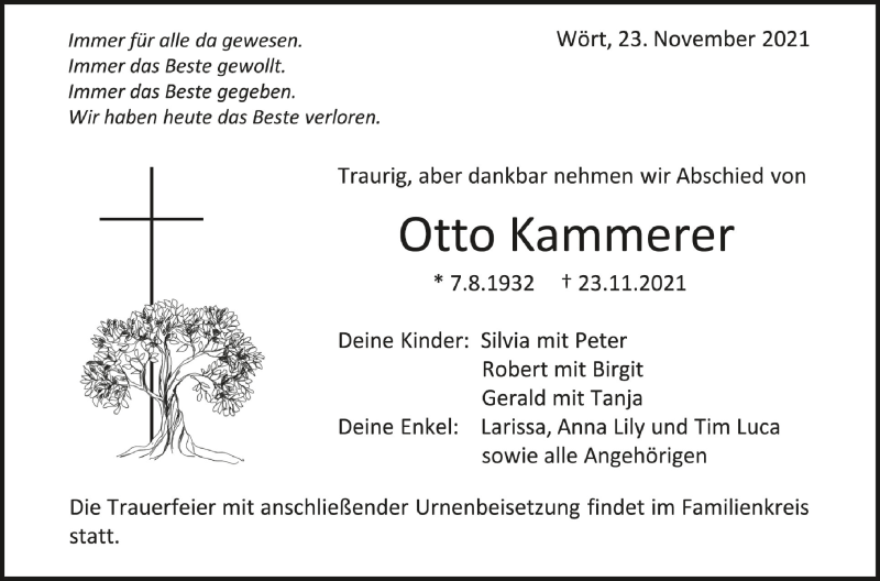  Traueranzeige für Otto Kammerer vom 25.11.2021 aus Schwäbische Zeitung