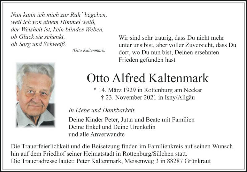 Traueranzeige für Otto Alfred Kaltenmark vom 27.11.2021 aus Schwäbische Zeitung