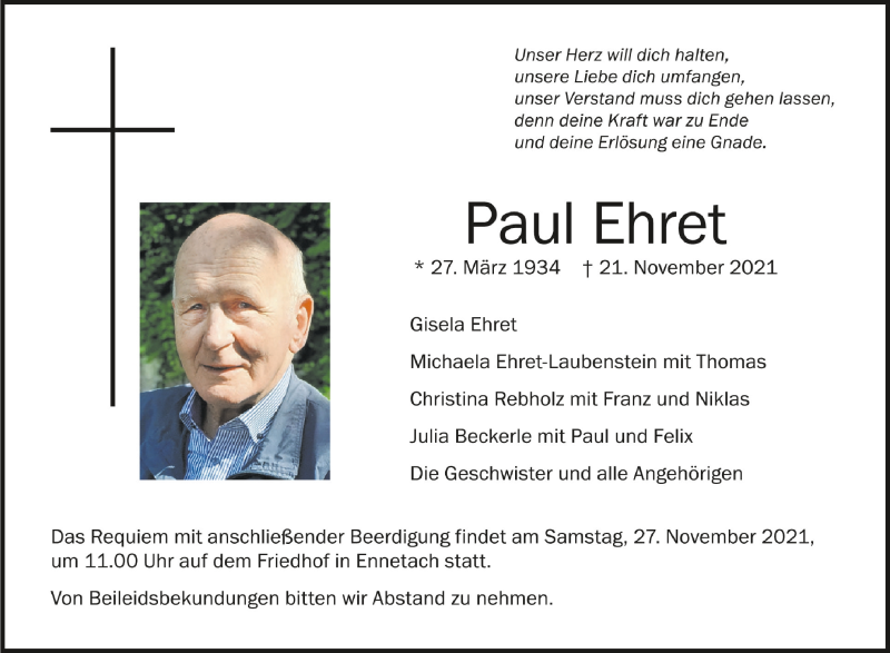  Traueranzeige für Paul Ehret vom 25.11.2021 aus Schwäbische Zeitung