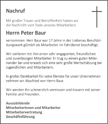 Anzeige von Peter Baur von Schwäbische Zeitung