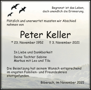 Anzeige von Peter Keller von Schwäbische Zeitung