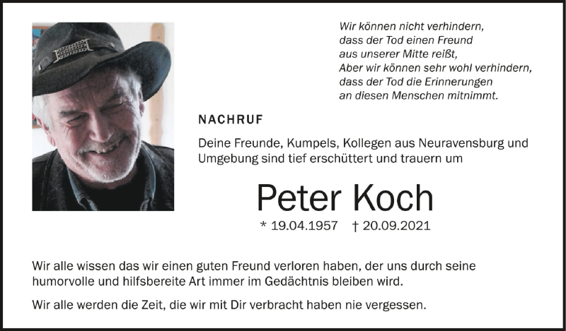  Traueranzeige für Peter Koch vom 06.11.2021 aus Schwäbische Zeitung