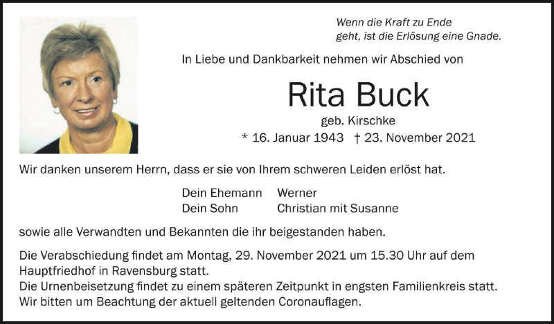  Traueranzeige für Rita Buck vom 26.11.2021 aus Schwäbische Zeitung