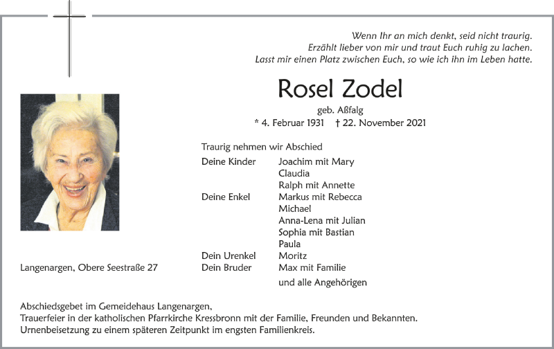  Traueranzeige für Rosel Zodel vom 24.11.2021 aus Schwäbische Zeitung