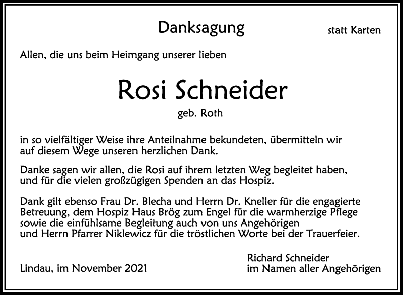  Traueranzeige für Rosi Schneider vom 13.11.2021 aus Schwäbische Zeitung