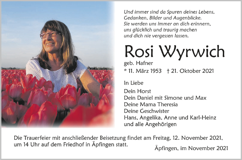  Traueranzeige für Rosi Wyrwich vom 06.11.2021 aus Schwäbische Zeitung