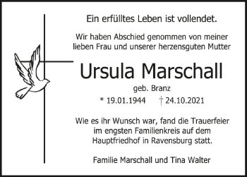 Anzeige von Ursula Marschall von Schwäbische Zeitung