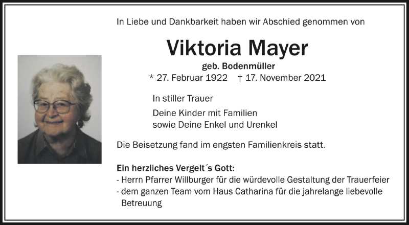  Traueranzeige für Viktoria Mayer vom 25.11.2021 aus Schwäbische Zeitung