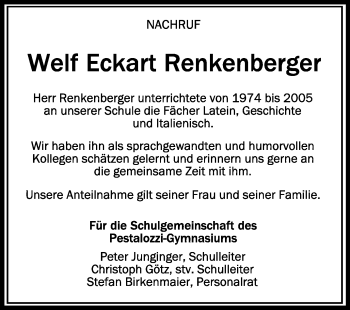 Anzeige von Welf Eckart Renkenberger von Schwäbische Zeitung