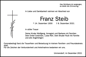 Anzeige von Franz Steib von Schwäbische Zeitung