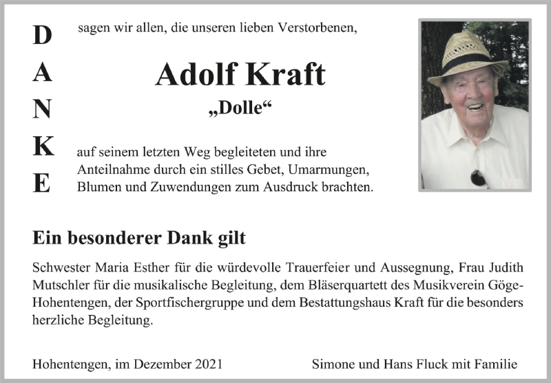 Traueranzeige für Adolf Kraft vom 24.12.2021 aus Schwäbische Zeitung