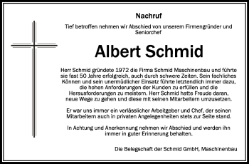 Anzeige von Albert Schmid von Schwäbische Zeitung