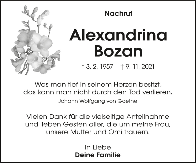  Traueranzeige für Alexandrina Bozan vom 09.12.2021 aus Schwäbische Zeitung