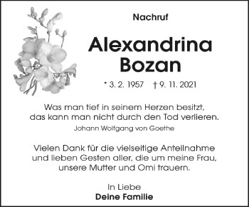 Anzeige von Alexandrina Bozan von Schwäbische Zeitung