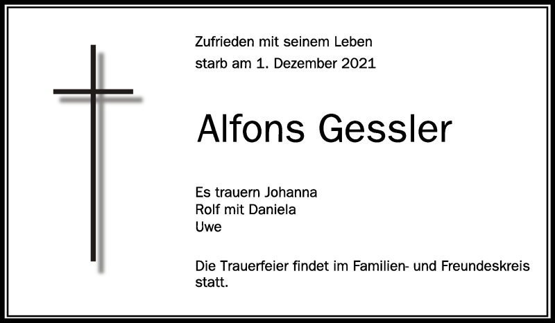  Traueranzeige für Alfons Gessler vom 08.12.2021 aus Schwäbische Zeitung
